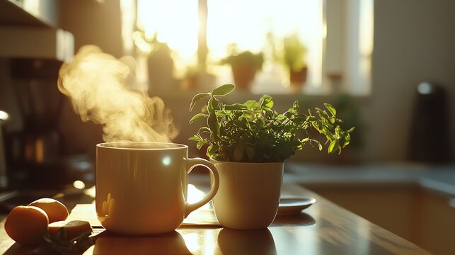 Steaming hot beverage in a mug on a kitchen counter next to a potted herb plant with warm morning sunlight streaming through the window