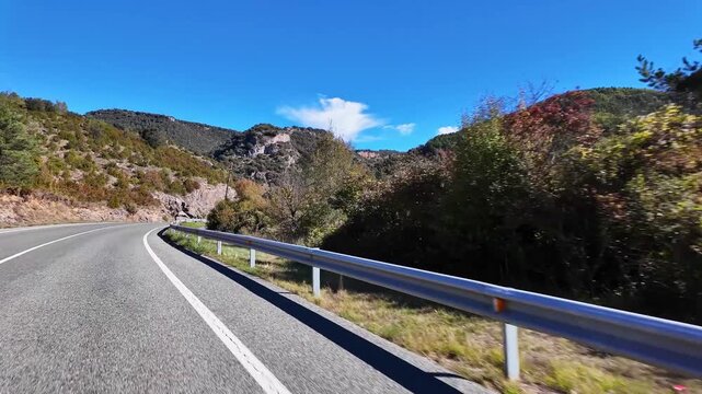 Driving through the Roncal Valley from Sigues to Isaba, Valle de Roncal in Navarre, Navarra Spain, Europe