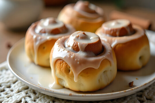 Deliciously sweet cinnamon rolls drizzled with creamy icing on a rustic plate