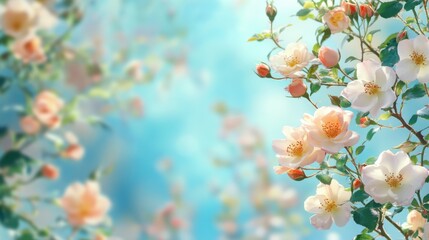 Delicate floral composition featuring soft roses against a tranquil blue sky