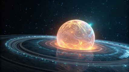 A glowing planet with rings and a bright core in the vast universe
