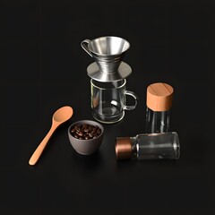 Coffee brewing setup with beans and accessories on a dark surface for home brewing