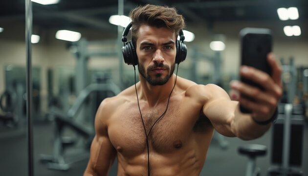Young muscular handsome man takes selfie photo in modern gym. He wears headphones while showing his fit body. Guy trains for strength, health. This reflects his strong healthy fitness lifestyle goals.