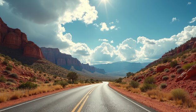 Winding asphalt road leads through desert canyon. Majestic red rock mountains stand under bright sun, blue sky. Fluffy white clouds float above arid landscape, inviting car journey, travel. - Powered by Adobe