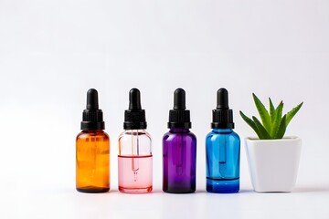 Colorful dropper bottles with succulent on a white surface for beauty products and oils
