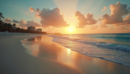 Fototapeta premium Warm sunrise glows over calm ocean waves meeting sandy shore. Palm trees and resort buildings line the coast. Beautiful dawn light paints sky with orange hues. Tranquil beach paradise awaits.