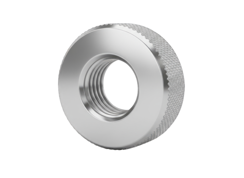 Close Up of a 3D Rendered Silver Metal Hex Nut with Internal Threads Isolated on a Black Background with Subtle Texture Detail