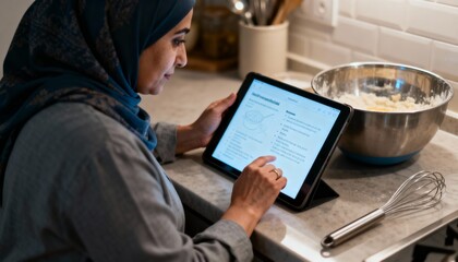 Middle Eastern Mom checking recipe on tablet with bowl nearby, soft light, focused mood, close-up