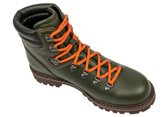 Isolated green leather hiking boot with orange laces, durable footwear for exploring nature