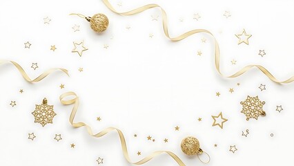 Elegant flat lay of golden festive ornaments and ribbons arranged in a circular frame on a white background