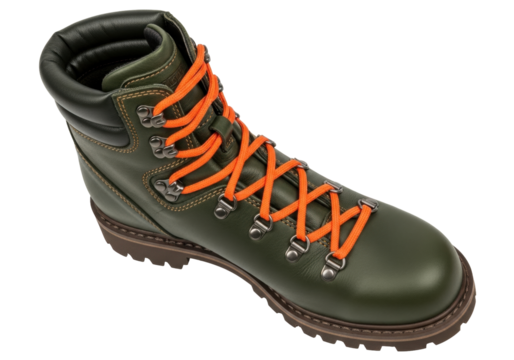 Isolated green leather hiking boot with orange laces, durable footwear for exploring nature