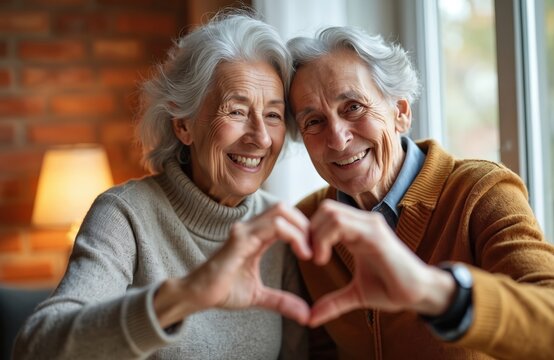 Elderly couple makes heart shape with hands. Smiling seniors express love, togetherness in home setting. Happy retired people share bond, enjoy life. Close up.
