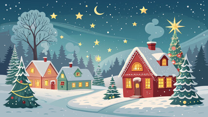 Fototapeta premium Festive Christmas vector illustration of a snowy winter village with a large decorated Christmas tree, glowing cozy cottages, starry night sky and crescent moon — perfect winter landscape background
