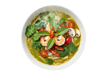 Isolated bowl of Tom Yum soup with shrimp and vegetables, Asian cuisine, Thai food