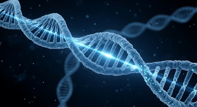 DNA Double Helix Structure with Blue Light and Dark Background.