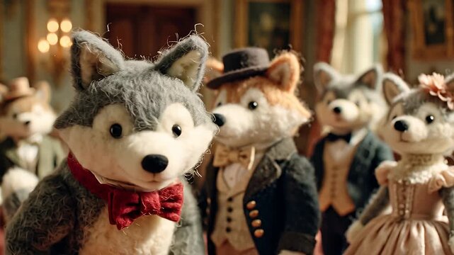 Animated animal characters in formal attire gathering indoors