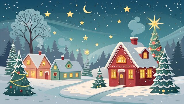 Festive Christmas vector illustration of a snowy winter village with a large decorated Christmas tree, glowing cozy cottages, starry night sky and crescent moon — perfect winter landscape background - Powered by Adobe
