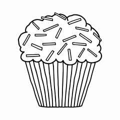 Classic chocolate chip muffin line art. Hand drawn simple black and white cupcake vector illustration
