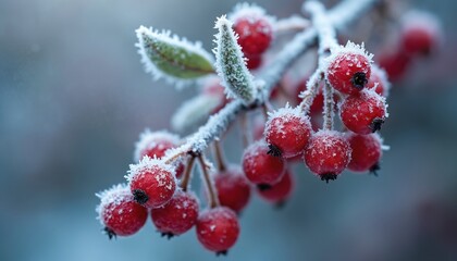Frost covered red berries on branch. Winter time garden with cold weather season. Ice crystals on leaves. Close view of frosted flora, beauty of nature, calmness mood.