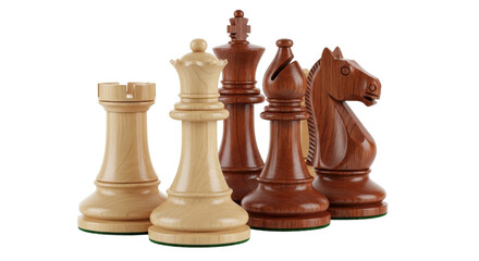 Isolated wooden chess pieces group, including a rook, queen, king, bishop, knight, strategy game