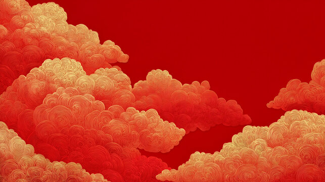Vibrant red background with Chinese design of golden clouds for card and website design. Illustration for poster and social media post.