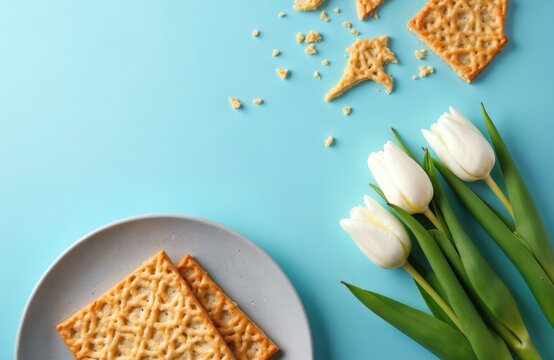Matzo crackers and white tulips on light blue background. Spring holiday food concept for Passover or Pesach. Flat lay composition with copy space for text.