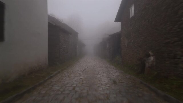 Hyperlapse of a misty cobblestone path between buildings, obscured by fog, cinematic journey