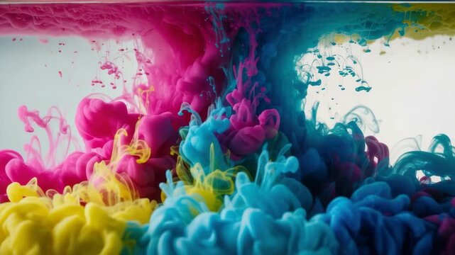 Vibrant cyan magenta and yellow ink mixing in water creating a beautiful abstract cloud. Dynamic fluid motion of acrylic paint forming an artistic pattern for creative projects