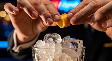 Bartender Squeezing Lemon into Cocktail Glass Filled with Ice.