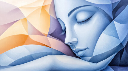 Close Up Of A Woman's Face In A Dreamlike State With Blue And Orange Geometric Shapes Abstract Art Style