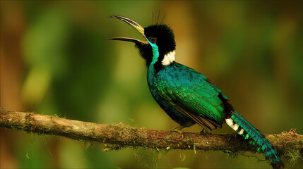 trumpet. Trumpet bird perched on a jungle branch at dawn, beak open, misty forest background. wildlife magazines, conservation campaigns, designed for wildlife conservation campaigns.
