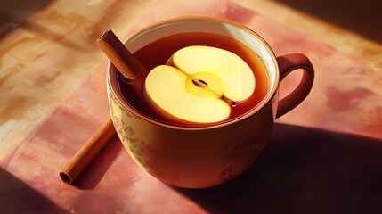 Warm spiced apple cider served in a mug with a fresh apple slice and cinnamon stick, perfect for a cozy autumn day
