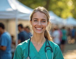 Smiling nurse in green scrubs stands at an outdoor health fair. She wears a stethoscope and offers a friendly welcome to community members at an event promoting wellness.