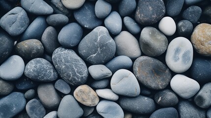 A close-up view of smooth, rounded stones in various shades of gray, creating a natural and textured background.