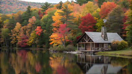 Fototapeta premium Autumn season composition with miniature orange truck, pumpkins, fall leaves, and pinecones on a blue surface.