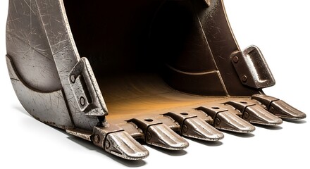 Close-up of a heavy-duty excavator bucket with teeth.
