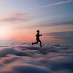 Silhouette of person running on clouds at sunset image