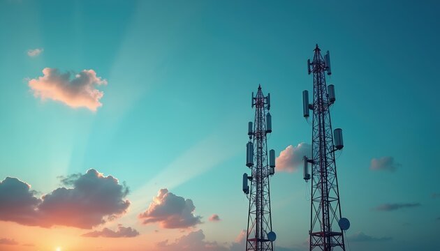 Two communications towers reach for sky at sunset. Antennas transmit data using radio waves. Mobile tech improves speed of connectivity. Wireless infrastructure development expands internet access