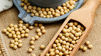 Wooden scoop filled with soybeans next to a stone bowl