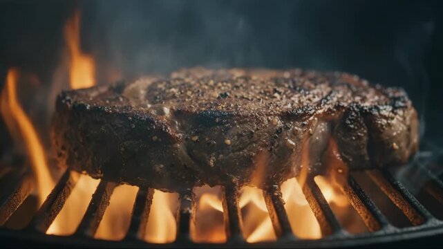 Juicy steak sears on a grill with flames