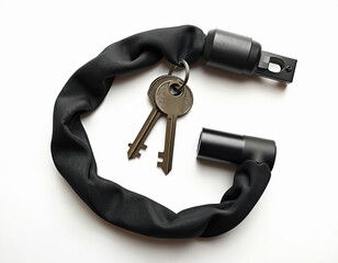 Black chain lock with two keys for motorcycle bicycle security. Heavy duty anti-theft device offers reliable protection against theft. Keep vehicle safe from thieves. Lock ensures safety.