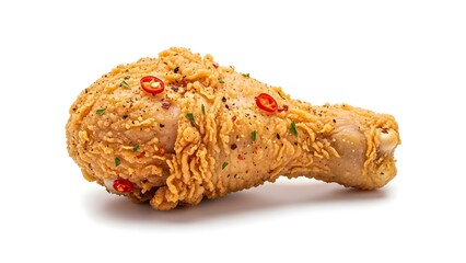 Crispy Fried Chicken Leg with Chili Flakes on White Background.