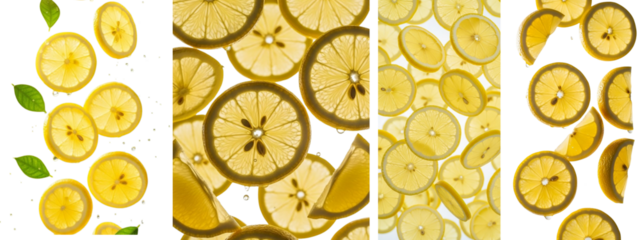 A collage of four images shows sliced lemons. The lemons are arranged in varying densities, with some images including mint leaves.

