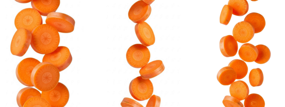 Three vertical stacks of sliced carrots, isolated on a transparent background, imply falling, fresh vegetables in a studio setting. Useful as a culinary or health image.

