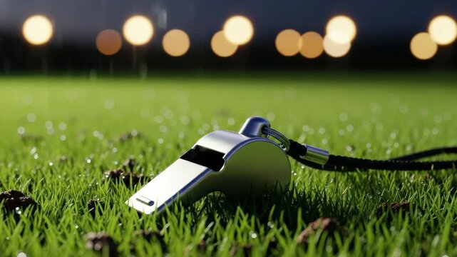 A referee whistle rests on the wet grass of a sports field under stadium lights. A dramatic concept of competition, rules, and the final judgment in a championship game