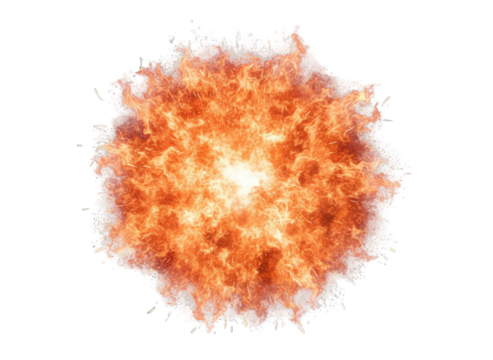 Fiery orange explosion with bright white center and glittering particles isolated on transparent background dynamic energetic burst abstract digital art