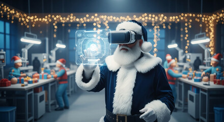 Image of Santa in virtual reality headset, interacting with holographic display, representing future of Christmas gift production and technology