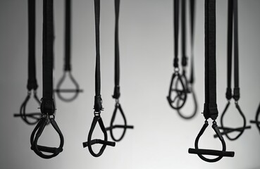 Several black suspension trainer straps hang from above against a light grey background. These fitness straps feature handles for bodyweight exercises and strength training.