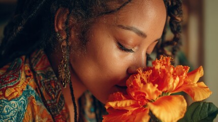 Naklejka premium a woman smelling a flower 