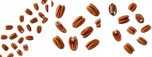 Three clusters of pecans are presented against a transparent background. They are brown, healthy, natural, and fresh. 